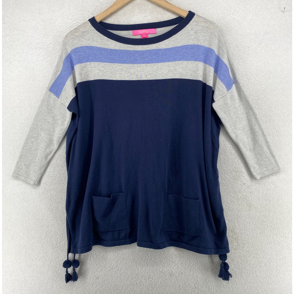 LILLY PULITZER Sweater XS Elba Coolmax Oversized Colorblock Stripe Tasseled Blue - Picture 1 of 13